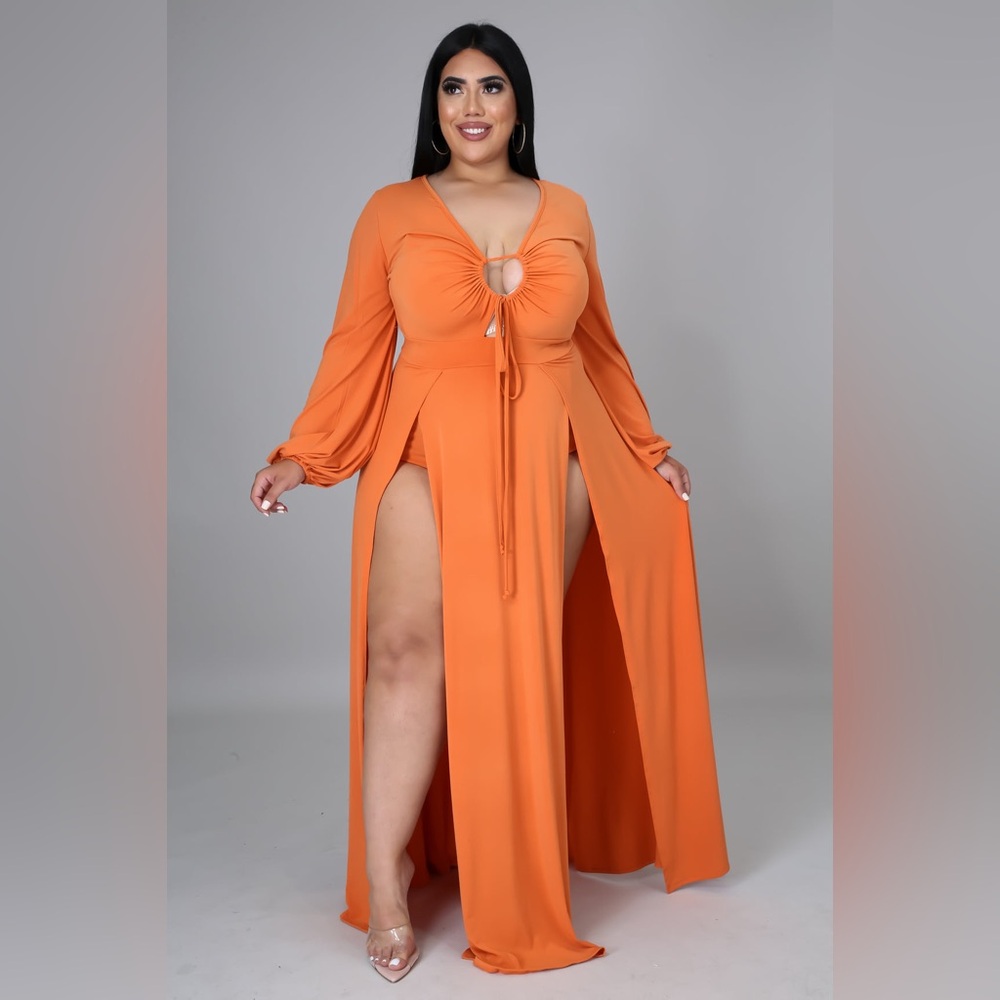 Plus Orange V Neck Long Sleeve Maxi Dress with Double Slit Size 2XL